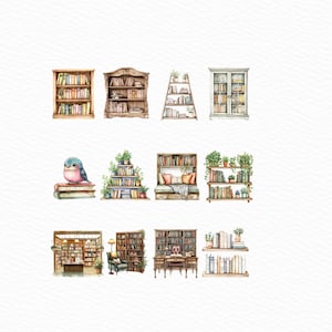 May include: A set of ten watercolor illustrations of bookshelves, some with books, plants, and a bird. The bookshelves are in various styles, including traditional, modern, and rustic.
