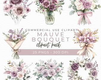 Mauve Bouquet Clipart, Watercolor Bouquet PNG, Mauve Floral Clipart, Dusty Rose Art, Wedding Graphics, Instant Download