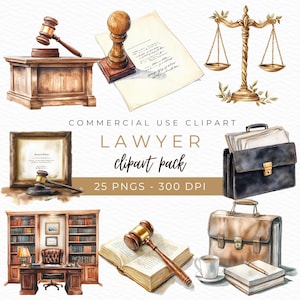 Lawyer Aquarell Clipart, Waage der Gerechtigkeit, Juristische Wandkunst, Hammer Illustration, Lawyer PNG, Instant Download