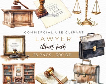 Lawyer Watercolor Clipart, Scales of Justice Art, Legal Wall Art, Gavel Illustration, Lawyer PNG, Instant Download