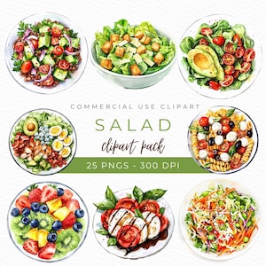 Salad Clipart, Watercolor PNG, Healthy Food Illustration, Fruit Salad Graphics, Vegan Meal Art, Kitchen Decor Design, Instant Download
