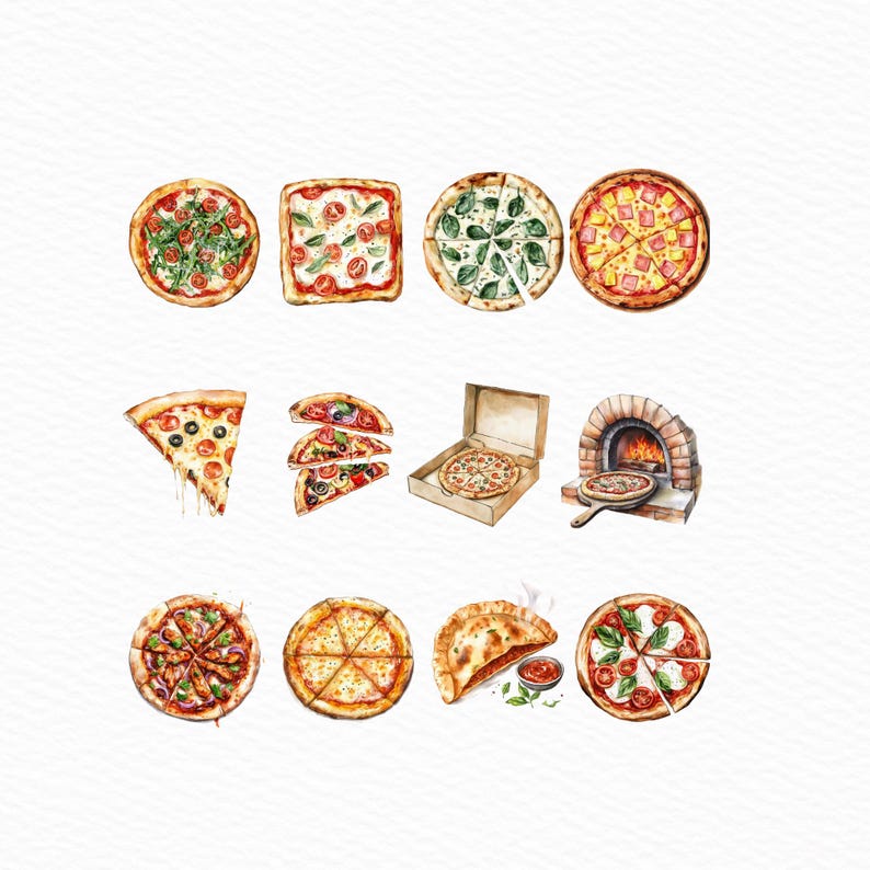 Pu&ograve; includere: Illustrazione ad acquerello di varie pizze, rotonde, quadrate e a fette. I condimenti includono rucola, pomodori, basilico e prosciutto. Una pizza &egrave; in una scatola, un'altra in un forno di mattoni.