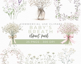 May include: A set of 25 digital clipart images featuring white and purple baby's breath flowers in various arrangements, including bouquets, wreaths, and individual sprigs. The clipart is perfect for adding a touch of delicate beauty to your digital projects.