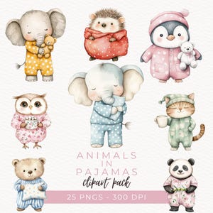 Imágenes prediseñadas de animales en pijama, arte infantil, gráficos de animales del bosque, imágenes PNG de animales para dormir, descarga instantánea