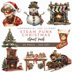 Steampunk Christmas Clipart, Holiday Fantasy Art, Vintage Christmas Illustration, Festive Decor PNG, Instant Download