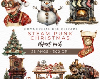 May include: A collection of steampunk Christmas-themed clipart. The images include a Santa Claus figure with goggles, a snowman with a top hat, a fireplace with stockings, a Christmas tree, a stocking, a workshop table, and a train. The text reads "STEAM PUNK CHRISTMAS clipart pack".