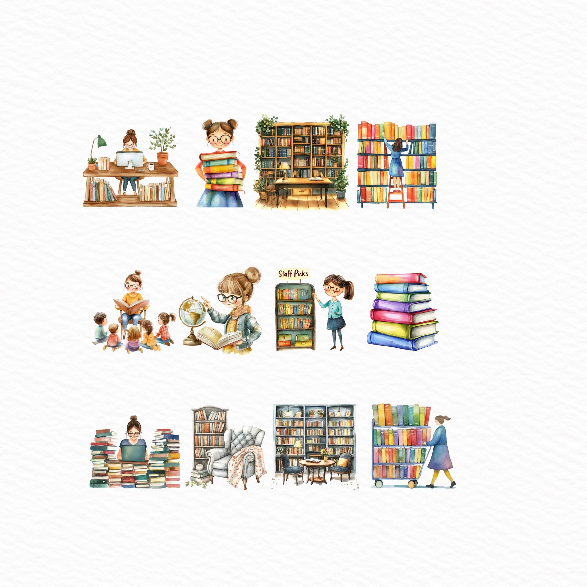 Librarian Clipart, Cute Library PNG, Book Stack Illustration, Magic ...