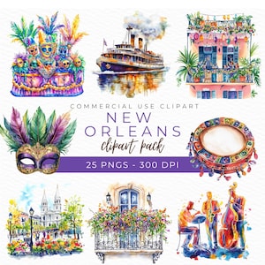 Clipart New Orleans, Mardi Gras PNG, illustratie jazzmuziek, Bourbon Street Graphics, carnavalkunst, Fleur de Lis Design, Instant Download