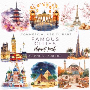 Imágenes prediseñadas de ciudades famosas, monumentos en acuarela, imágenes prediseñadas de viajes, ilustración de paisajes urbanos, gráficos de viajes por el mundo, descarga instantánea