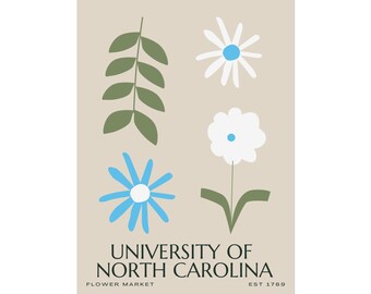 Vintage UNC Flower Market Poster, Retro Rolled Poster Print for College Dorm Wall Decor, Tar Heels Fan Gift, Chapel Hill Wall Art,