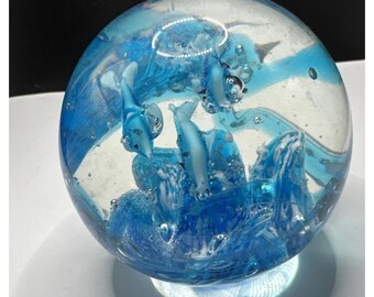 Dolphin Blue / White / Clear Ocean Scene 2.5" Sphere Round Paperweight Office