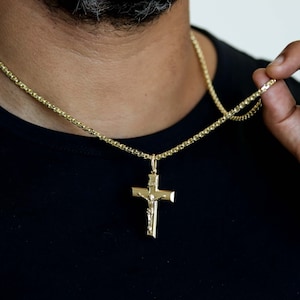 Crucifix Necklace, Crucifix Pendant, Cross Necklace, Gold Cross Necklace, Mens Gold Cross Necklace