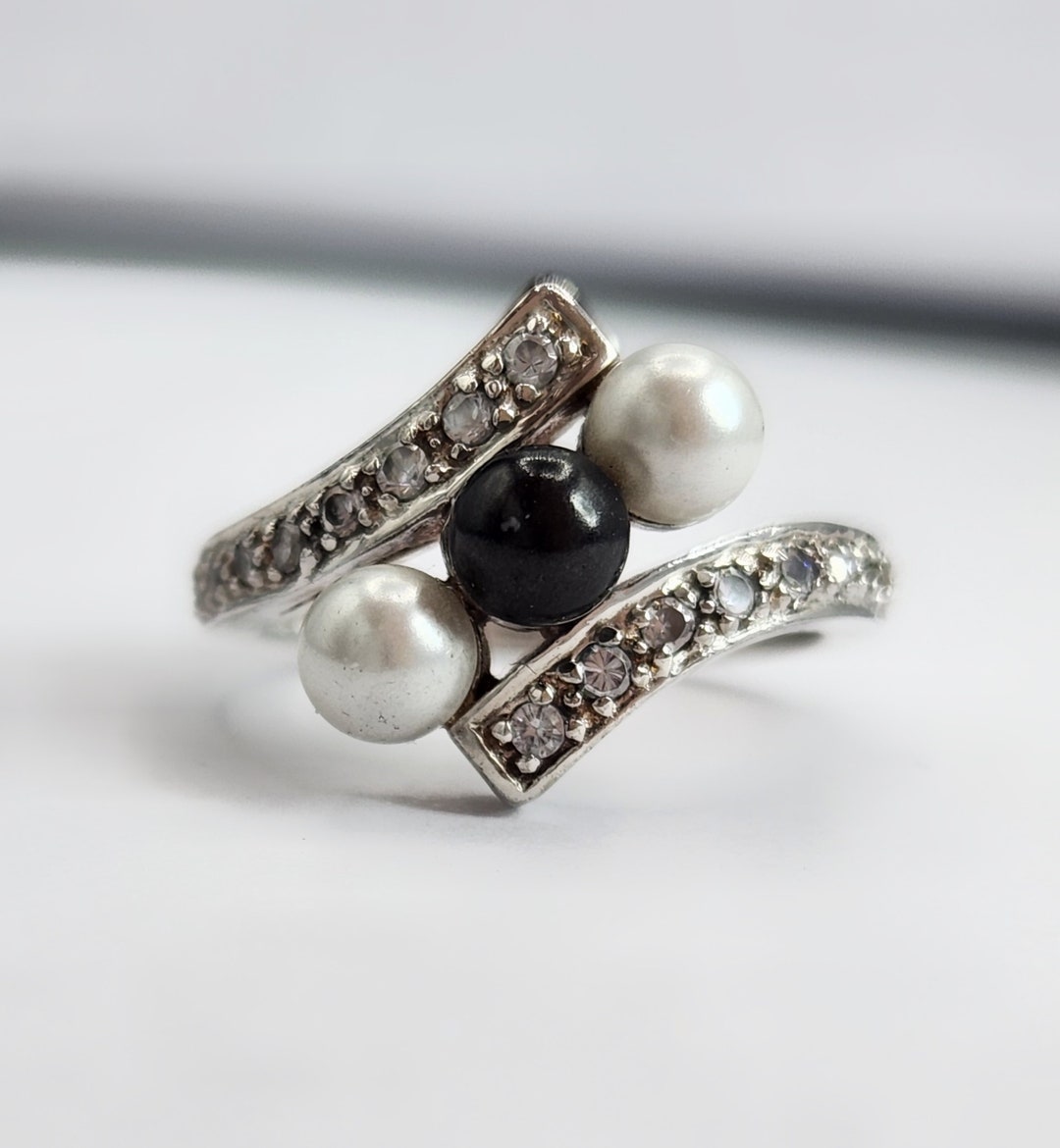 Vintage Bypass Ring Diamond Chips Pearls 80s Glam Cocktail Etsy