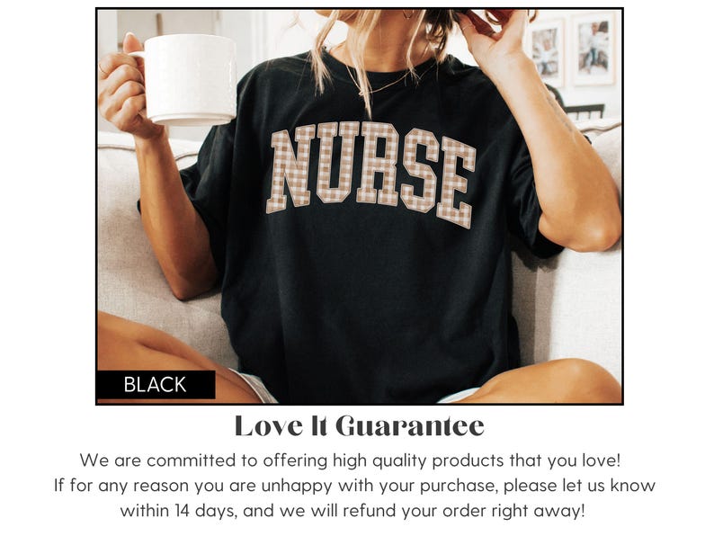 May include: Black t-shirt with the word "NURSE" in a plaid pattern across the chest. The person is holding a white mug. The shirt is part of a collection of apparel.