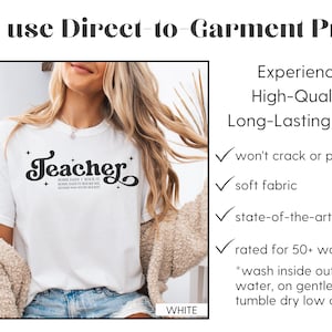 May include: White t-shirt with the word "Teacher" in a black, retro font. The shirt also has the text "Some days I rock it, some days it rocks me, either way we're rockin'". The shirt is part of a direct-to-garment print collection.