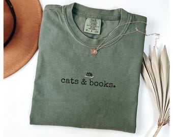 Cats and Books Comfort Colors® Shirt, Book Lover T-shirt, Bookish Tee, Reading Tshirt, Gift for Cat Lover, Bookish Gift, Librarian Shirt