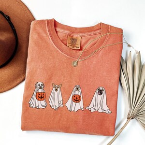 Puede incluir: Camiseta de color coral con cuatro perros disfrazados de fantasmas, cada uno sosteniendo una calabaza de Halloween. Un collar dorado y un sombrero marr&oacute;n son visibles en el fondo. La camiseta tiene una etiqueta Comfort Colors.