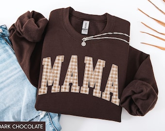 Mama Fall Sweatshirt, Fall Mom Shirt, Fall Mama Sweater, Gingham Mama Autumn Shirt, Cute Autumn Mom Shirt, Trendy Fall Sweater for Mom