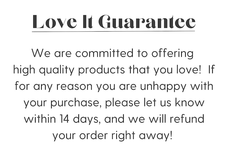 Pode incluir: Texto Love It Guarantee com uma linha por baixo. Estamos empenhados em oferecer produtos de alta qualidade que voc&ecirc; vai adorar! Se por algum motivo voc&ecirc; n&atilde;o estiver satisfeito com sua compra, por favor, nos avise dentro de 14 dias e n&oacute;s reembolsaremos seu pedido imediatamente!