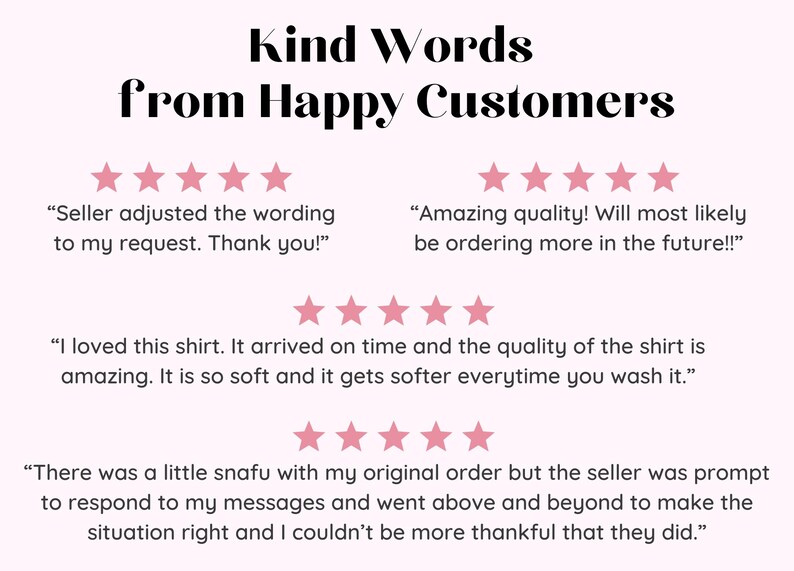 Puede incluir: Un fondo rosa claro con el texto "Kind Words from Happy Customers" en fuentes negras y rosas. Las rese&ntilde;as de los clientes se muestran con valoraciones de estrellas rosas y citas sobre la calidad del producto y el servicio al cliente.