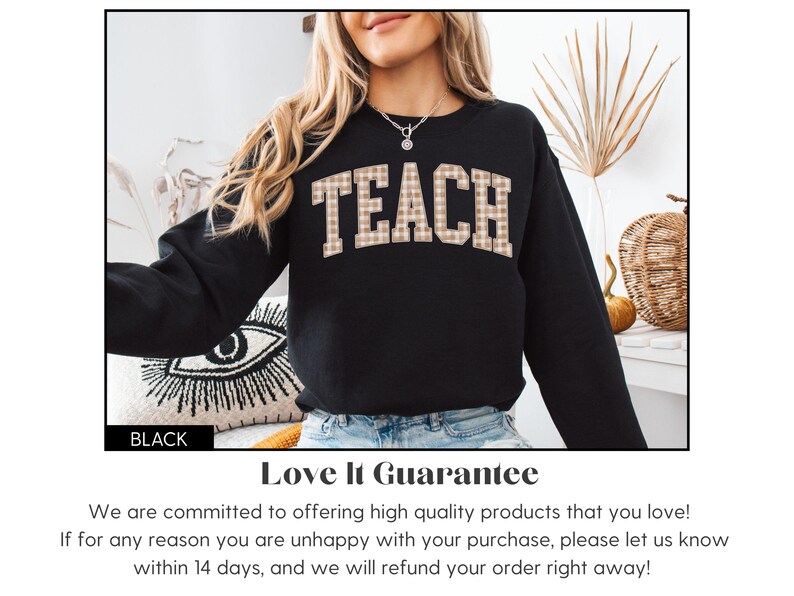 May include: Black sweatshirt with the word "TEACH" in a plaid design across the chest. The sweatshirt is a crew neck style. The word "BLACK" is in a black rectangle at the bottom left.