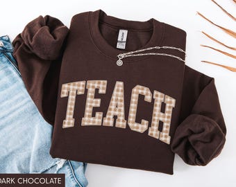Teacher Fall Sweatshirt, Fall Teacher Sweater, Gingham Teacher Fall Shirt, Cute Autumn Teach Sweatshirt, Trendy Fall Sweater for Teacher
