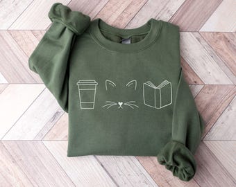 Cats Coffee Books Sweatshirt, Book Lover Gift, Cat Sweatshirt, Coffee Lover Sweatshirt, Cat Lover Gift, Reader Sweatshirt, Cats and Books