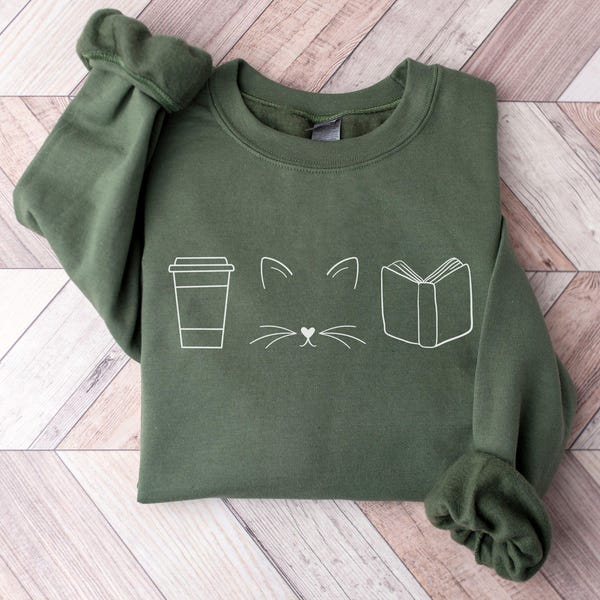 Cats Coffee Books Sweatshirt, Book Lover Gift, Cat Sweatshirt, Coffee Lover Sweatshirt, Cat Lover Gift, Reader Sweatshirt, Cats and Books