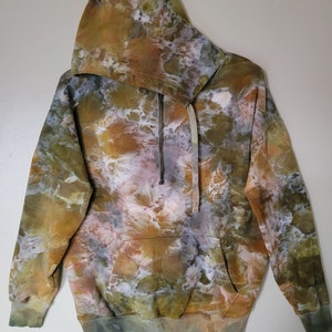 Womens Small Ice Dyed Hoodie | Watercolor Abstract Tie Dye Earthy Green Brown | Comfy Stretchy Viscose Fleece Lined Hooded Sweatshirt Pocket
