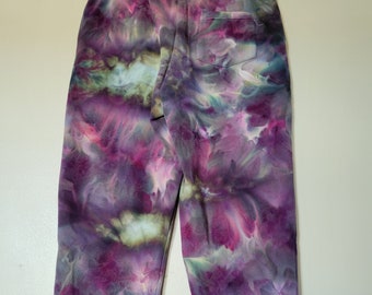 Unique Upcycled Hand Dyed Tie Dye Cotton Stretch Pants Size 14 Ice Dyed Psychedelic Capri Pants with Fun Tan & Golden Brown Colors