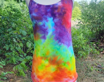 Extra Large Ice Dyed Tank Top | Rainbow Tie Dye Watercolor Ice Dye | Organic Cotton Spaghetti Strap Cami Tank Bodycon Tight Tie Dyed Rainbow