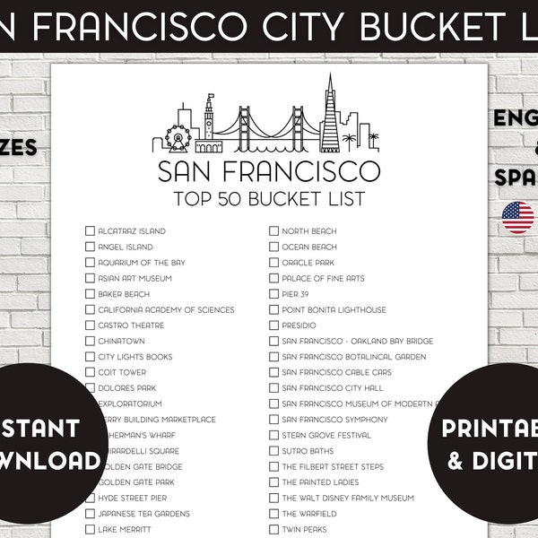 San Francisco Bucket List, Printable Bucket List, Travel Bucket List, Travel Planner Checklist, San Francisco California