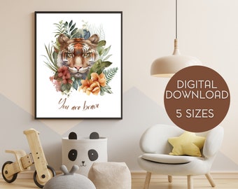 Afdrukbare tijger kwekerij kunst aan de muur, Safari kwekerij decor, digitale kwekerij print, Safari Animal print, Kids Wall Art, gender neutraal print