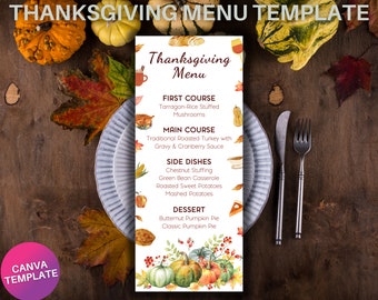 Thanksgiving Menu Template, Thanksgiving Dinner Menu Template, Printable Thanksgiving Dinner Menu, Editable Thanksgiving Menu Canva Template