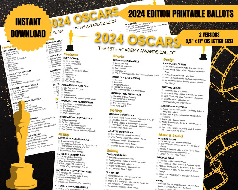 2024 Oscars Ballot, 96th Academy Awards Party Games, Oscars 2024