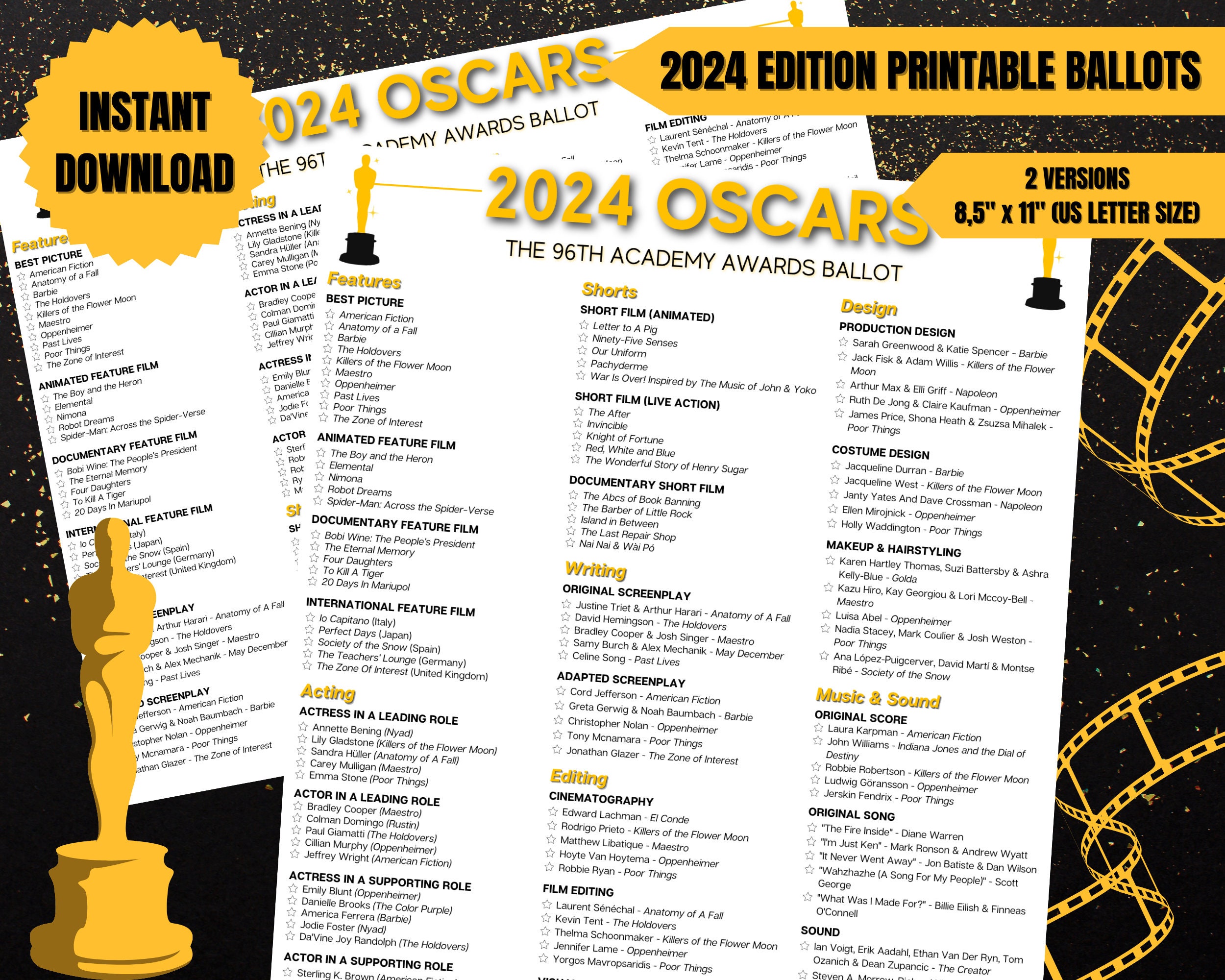 2024 Oscars Ballot, 96th Academy Awards Party Games, Oscars 2024, Printable Oscars Games ...