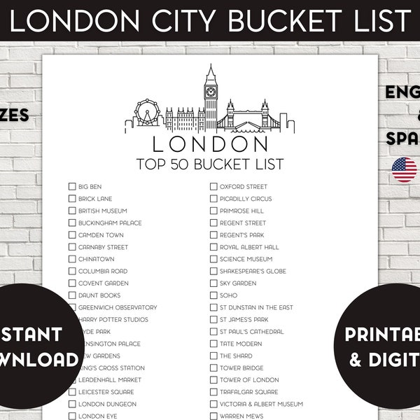 London Bucket List, Printable Bucket List, Travel Bucket List, Travel Planner Checklist, London United Kingdom