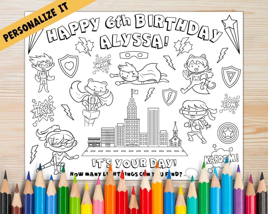 Personalized Superhero Birthday Coloring Page, Superhero Happy Birthday