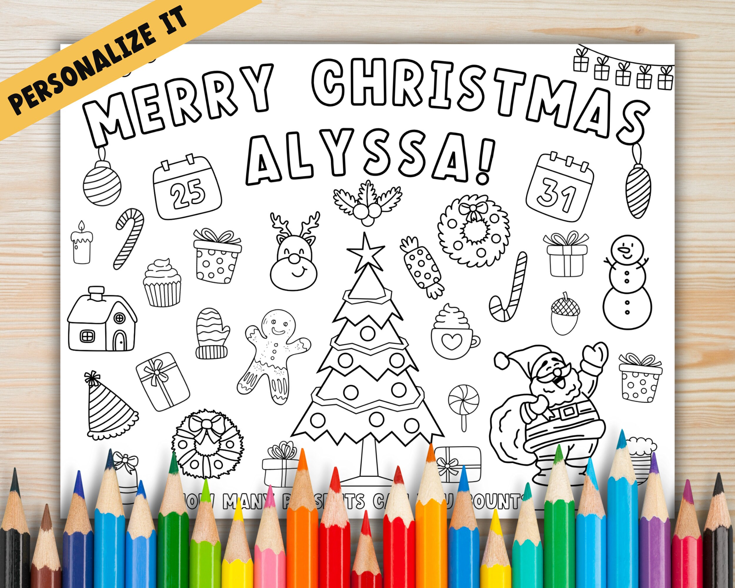 Personalized Merry Christmas Coloring Page, Merry Christmas, Coloring