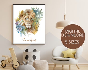 Afdrukbare Lion kwekerij kunst aan de muur, Safari kwekerij decor, digitale kwekerij print, Safari Animal print, Kids Wall Art, gender neutraal print