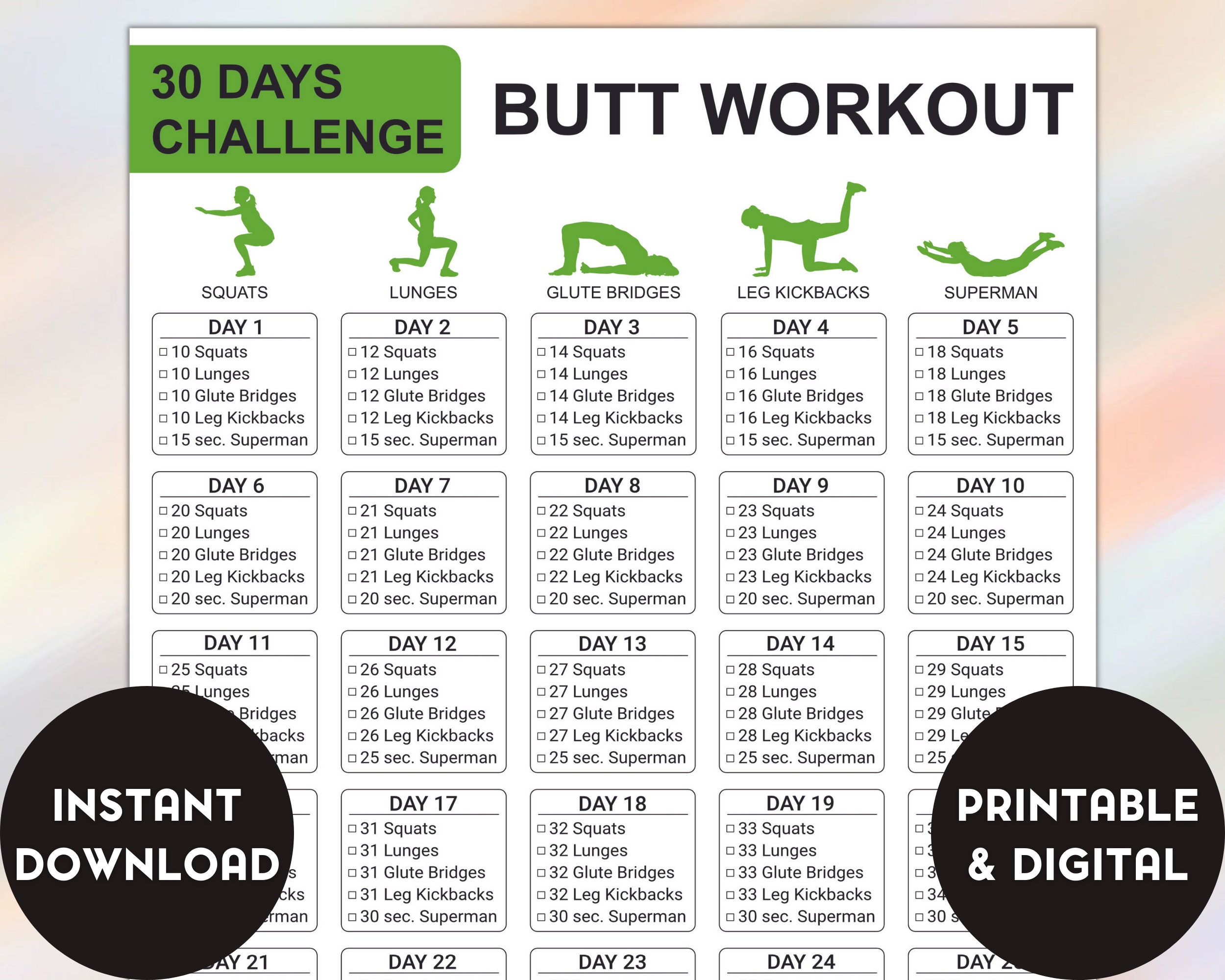 30 Days Butt Challenge Butt Lift Challenge Glutes Workout Etsy