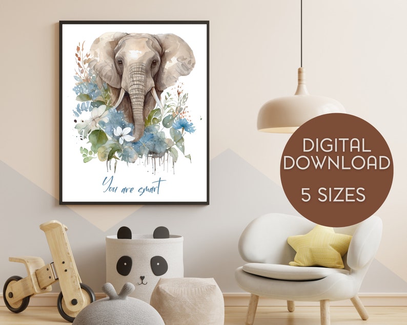 Printable Elephant Nursery Wall Art, Safari Nursery Decor, Digital
