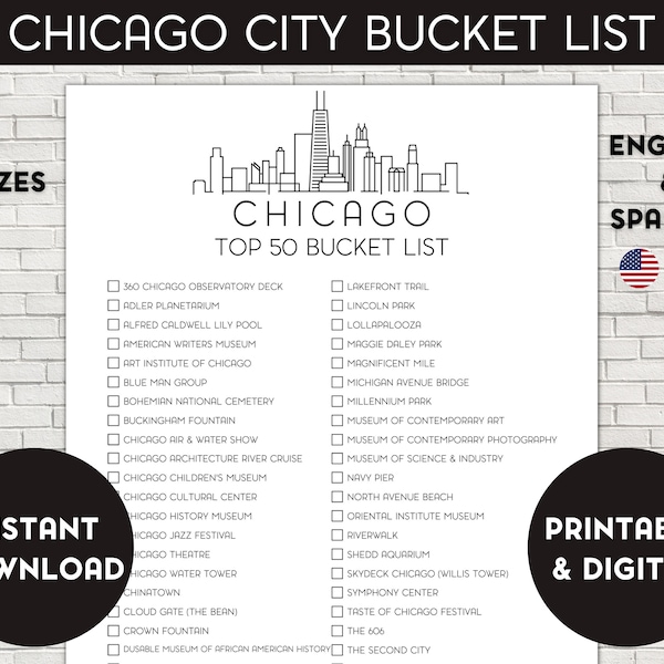 Chicago Bucket List, Printable Bucket List, Travel Bucket List, Travel Planner Checklist, Chicago Illinois
