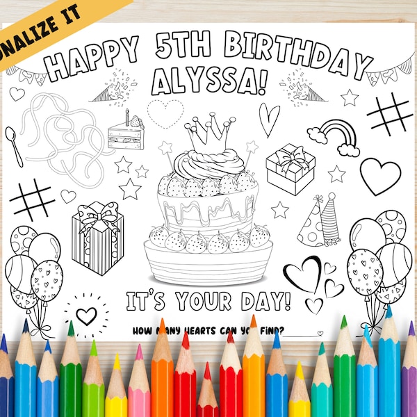 Personalized Birthday Coloring Activity Page, Happy Birthday Coloring Page, Customized Printable Birthday Coloring Page