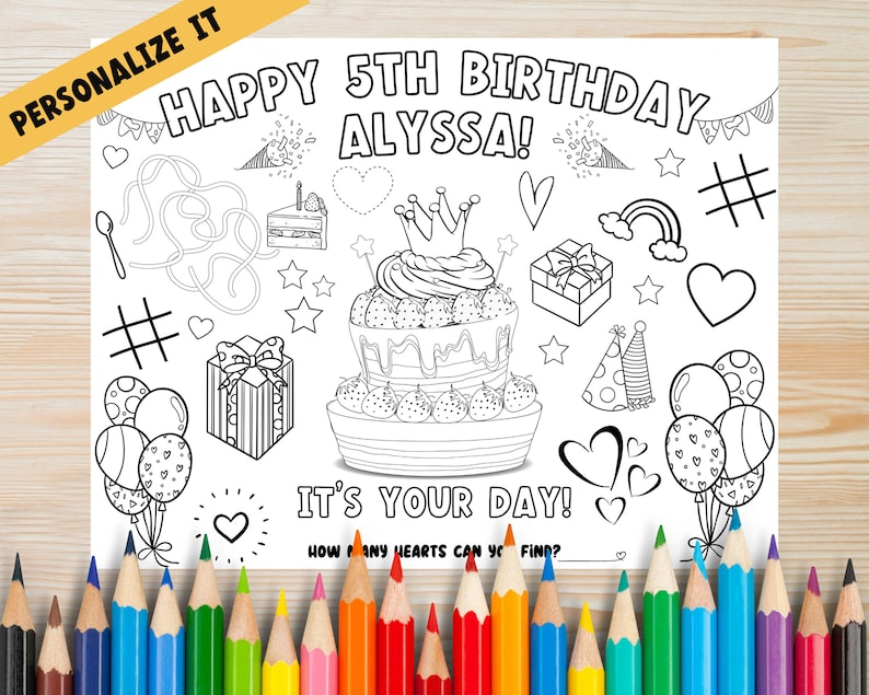 Personalized Birthday Coloring Activity Page, Happy Birthday Coloring ...
