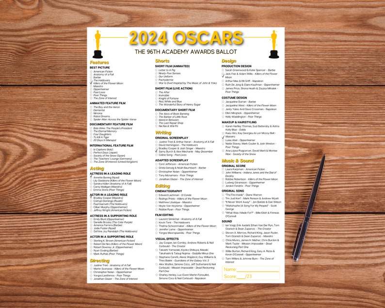 2024 Oscars Ballot, 96th Academy Awards Party Games, Oscars 2024 ...