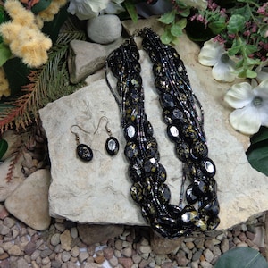 Multi-Strand Black & Gold Beaded Necklace Set
