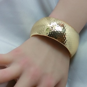 Wide Stainless Steel Hammered Hinged Gold Bangle Bracelet