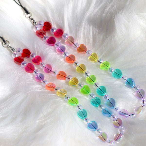 Cute Rainbow Heart Beaded Phone Charm Strap | Rainbow Colorful | Phone Strap | Phone Accessory | Gift For Her | 90s, Y2K Aesthetic