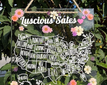 Custom Sales Map | Clear Acrylic Board | Travel Map | Interactive | Real Pressed Flowers | Resin Coat | USA Sales Map | Small Business Finds